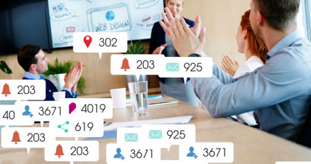 Image of social media data processing over diverse business people in office. Global teamwork, business, finances, computing and data processing concept digitally generated image.の写真素材