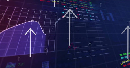 Image of up arrows, graphs, trading boards and computer language over black background. Digitally...