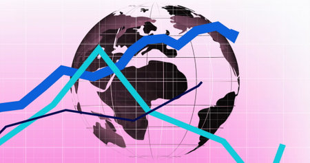 Image of financial data processing over globe on pink background. Global finance, business, connections, computing and data processing concept digitally generated image.の写真素材