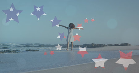 Image of stars and american flag over african american woman raising hands at beach. patriotism and celebration concept digitally generated image.の写真素材