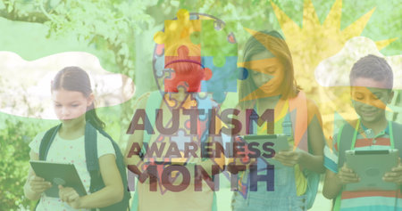 Image of colourful puzzle pieces and autism text over kids friends using electronic devices. autism, learning difficulties, support and awareness concept digitally generated image.の写真素材