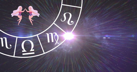 Image of gemini star sign with horoscope wheel spinning over stars on purple background. zodiac signs and astrology concept digitally generated image.の写真素材