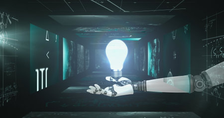 Image of glowing light bulb over robot&#39;s arm and data processing on screens. global eco energy, artificial energy, technology and data processing concept digitally generated image.の写真素材