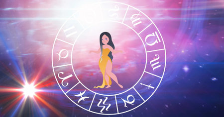 Image of libra star sign with horoscope wheel spinning over stars on blue to purple background. zodiac signs and astrology concept digitally generated image.の写真素材
