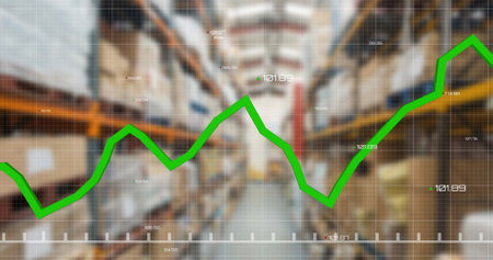 Image of financial data processing over warehouse. Global shipping, finance, business, connections, computing and data processing concept digitally generated image.の写真素材