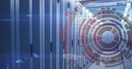 Image of loading circles and computer language over data server room. Digital composite, business,...