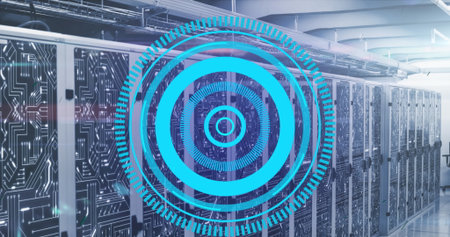 Image of loading circles over circuit board pattern on data server racks in server room. Digital...