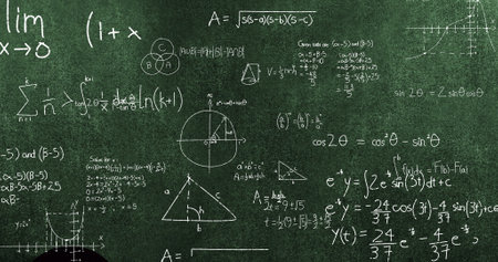 Image of mathematical data processing over green background. Global science, business, networks, connections, computing and data processing concept digitally generated image.の写真素材