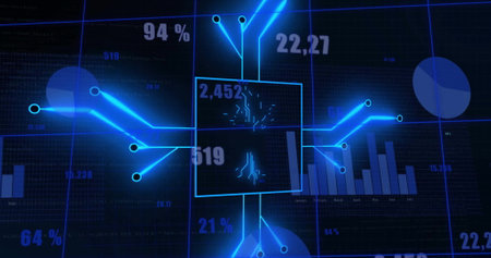 Image of data processing and computer circuit board over dark background. Global finance, business,...