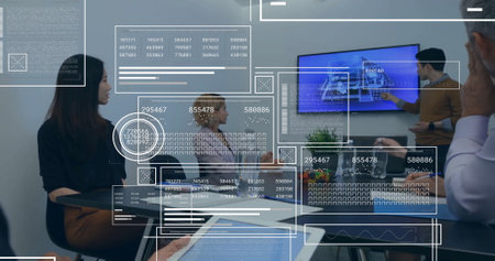 Image of financial data processing over diverse business people in office. Global finance, business, connections, computing and data processing concept digitally generated image.の写真素材