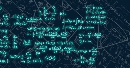Image of mathematical equations on black background. Global science, computing and digital interface...