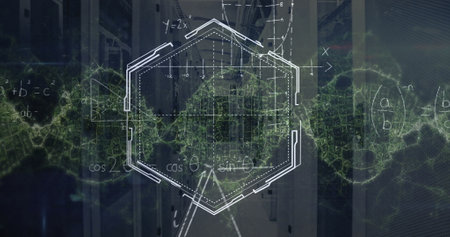 Math formulas and geometric shapes create a futuristic cityscape look. Transparent equations and diagrams are blending with urban architectureの写真素材