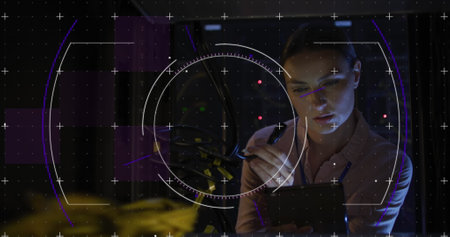 Image of scope over caucasian female it engineer with tablet by computer server. digital interface, cloud computing concept and technology concept digitally generated image.の写真素材