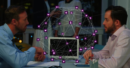 Image of network of connections over diverse business people in office. global business, connections...