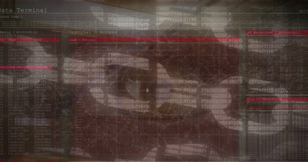 Image of network of connections and data processing over eye of caucasian man and server room....