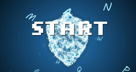Image of start text over network of connections and letters on blue background. image game, digital interface, communication and entertainment concept digitally generated image.の写真素材