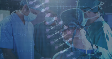 Image of dna rotating over diverse surgeons during operation. health, medicine, science and technology concept digitally generated image.の写真素材