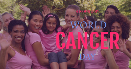Image of world cancer day over happy diverse women waving at camera. cancer awareness and world cancer day concept digitally generated image.の写真素材