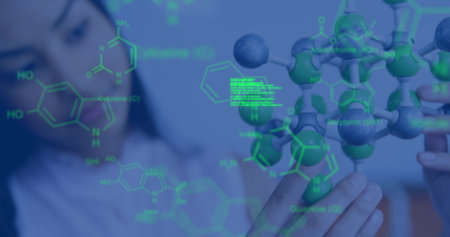 Image of data processing and chemical formula over biracial schoolgirl. global science, technology and digital interface concept digitally generated image.の写真素材