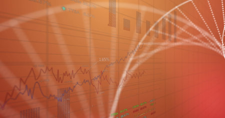 Image of data processing and dna strand over red background. global technology, computing and digital interface concept digitally generated image.の写真素材