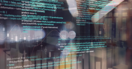 Image of financial data processing over empty office. global finances, computing and digital interface concept digitally generated image.の写真素材