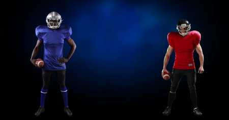Image of diverse american football players over black background. global sport and fitness concept digitally generated image.の写真素材