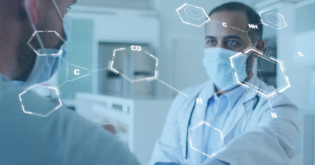 Image of chemical structures and data processing over biracial male doctor with face mask. Global...