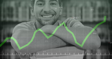Image of financial data processing over caucasian men. Global business, finances, data processing and digital interface concept digitally generated image.の写真素材
