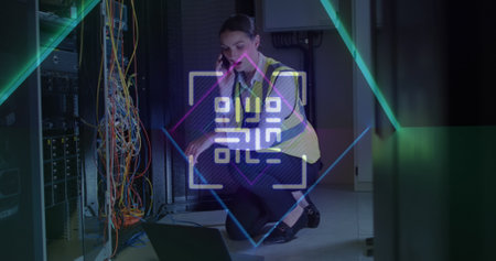 Image of digital data processing and qr code over caucasian female server room worker. Global connections, data processing and digital interface concept digitally generated image.の写真素材