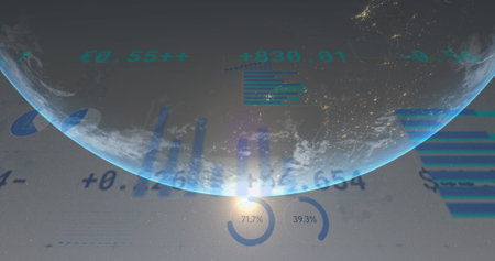 Image of data processing over globe. Global business and digital interface concept digitally generated image.の写真素材