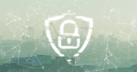 Image of connections and digital padlock, floating over cityscape. Data safety, network, connections and technology concept digitally generated image.の写真素材