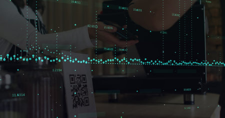 Image of data processing over diverse people paying with smartwatch. Global business, computing and digital interface concept digitally generated image.の写真素材