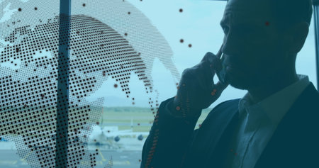 Image of digital data processing over businessmen using smartphone. Global business, finance and...