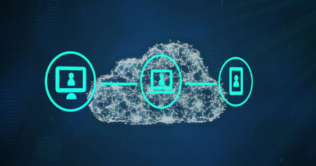 Image of network of connections with icons over cloud icon on blue background. Global technology,...