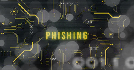 Image of phishing text, x symbol, binary codes, circuit board pattern over bokeh effect. Digitally generated, hologram, fraud, trick, crime, coding, machine learning and technology concept.の写真素材