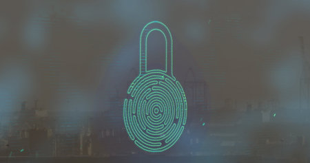 Image of lights and digital padlock, floating over cityscape. Data safety, network, connections and technology concept digitally generated image.の写真素材