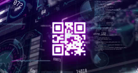 Image of qr code and data processing on black background. Global business, computing and digital interface concept digitally generated image.の写真素材