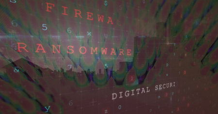 Image of cyberattack warning and shapes over cityscape. Global technology, online security and digital interface concept digitally generated image.の写真素材