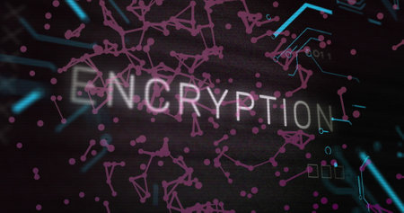 Image of encryption text, x symbol, circuit board pattern, floating dots forming abstract shapes....