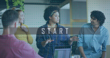 Image of start text over diverse business people in office. Global business and digital interface concept digitally generated image.の写真素材