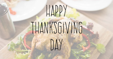 Image of happy thanksgiving day text over thanksgiving meal in background. Thanksgiving day, american tradition and celebration concept digitally generated image.の写真素材