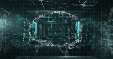 Image of brain over globe and digital screens on black background. Science, math, data and learning...