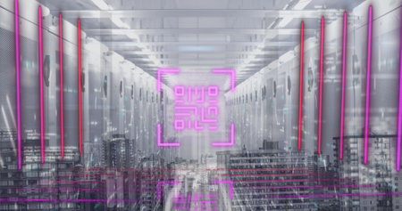 Image of qr code with data processing on digital interface against server room. Digital composite,...