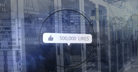 Image of thumbs up sign with increasing number of likes amidst circle against cityscape. Digital composite, multiple exposure, social media, architecture, growth, technology.の写真素材