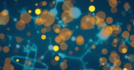 Image of yellow spots of light over molecular structures floating against blue background. Medical research and science technology conceptの写真素材