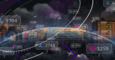 Image of network of connections with social media icons and media icons. Global business and digital interface concept digitally generated image.の写真素材