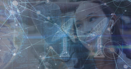 Image of network of connections with globe and data over biracial woman using smartphone. Global...