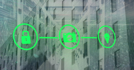Image of green open lock, camera, light bulb icons on digital interface against buildings. Digital...