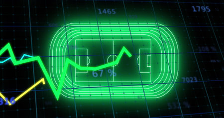 Image of neon stadium over data processing on black background. Global sport and digital interface concept digitally generated image.の写真素材
