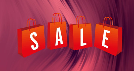 Three red shopping bags displaying SALE hang against purple background. Bold letters on bags suggest discounts in a storeの写真素材